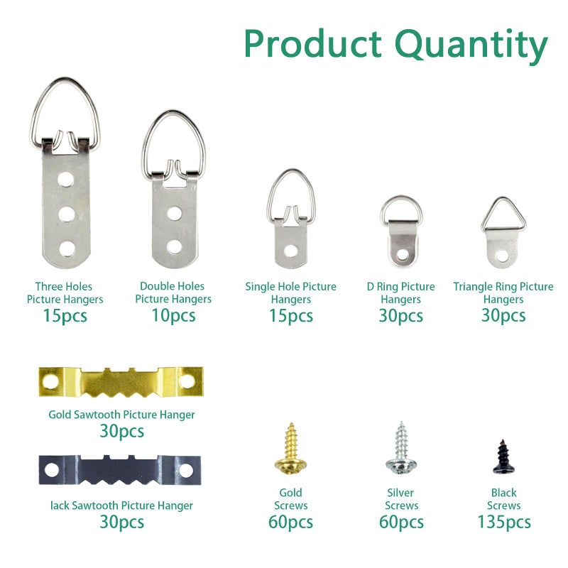 Renashed 415Pcs Picture Hanging Kit D Ring Hangers and Sawtooth Shape with Screws Hook Assortment for Hanging Heavy Duty Canvas Paintings Picture Frame Clock Artwork-7 Models - Image 3